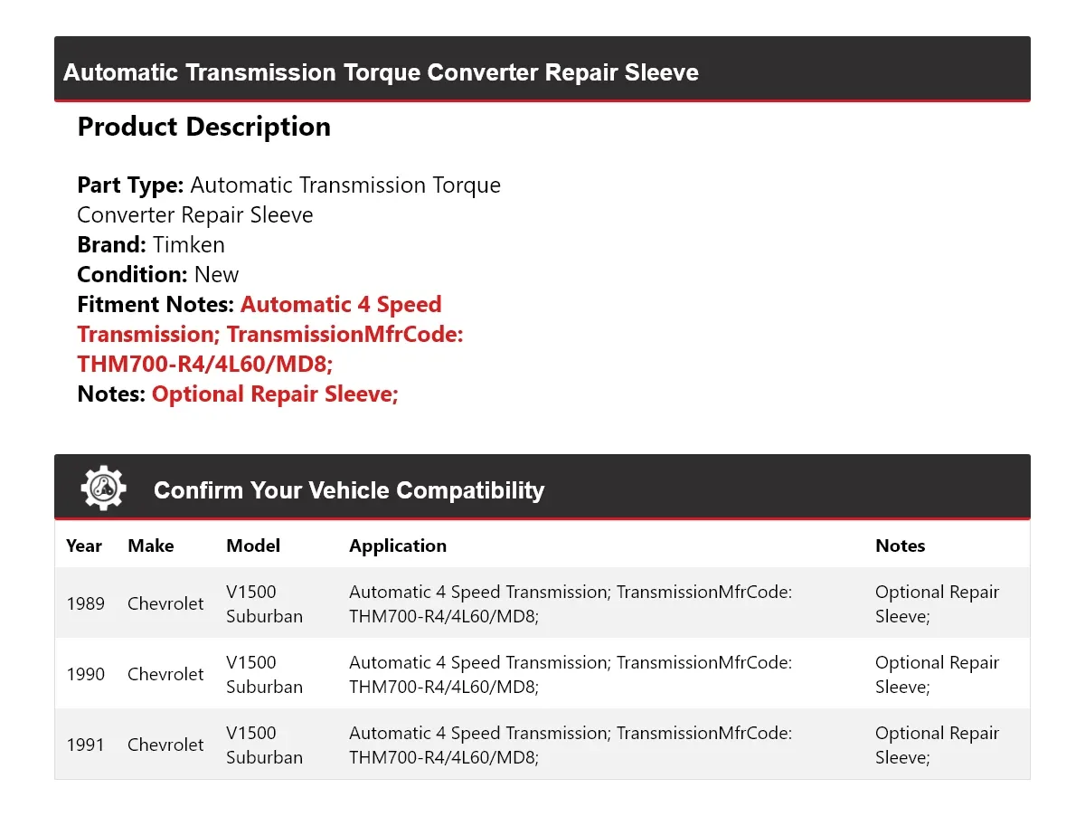 1989-1991 Chevrolet V1500 Suburban Automatic Torque Converter Repair Sleeve Timken 514EC58 image 2