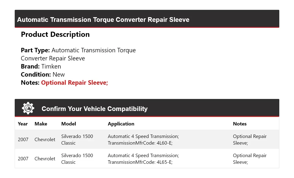 2007 Chevrolet Silverado 1500 Classic Timken Torque Converter Repair Sleeve MPN 854FB88 image 2