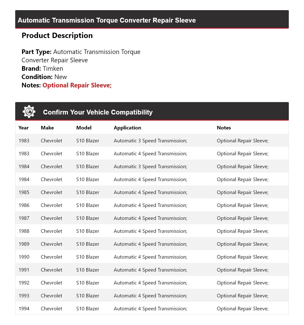 1983-1994 Chevrolet S10 Blazer Automatic Transmission Torque Converter Repair Sleeve - Timken 515XW06 image 2