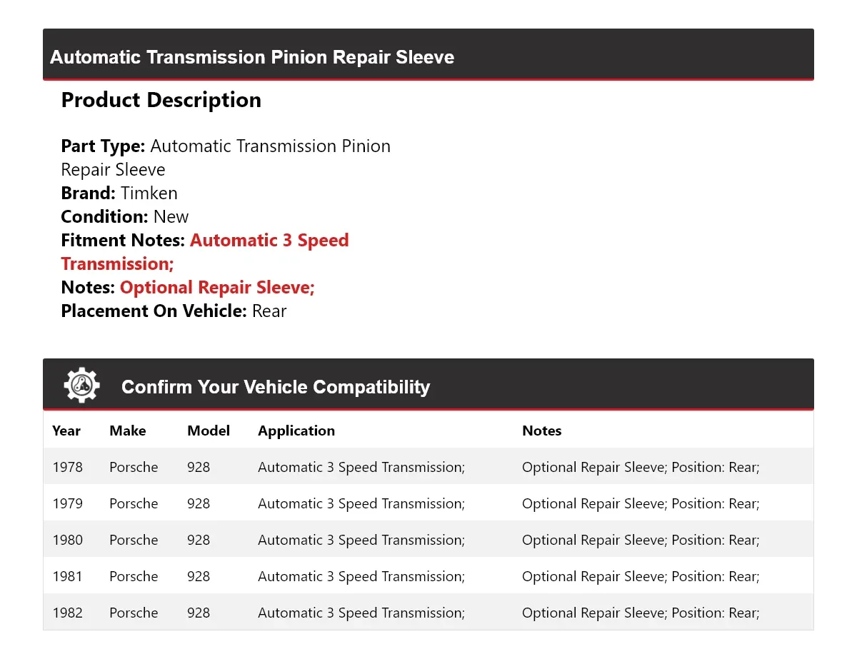 1978-1982 Porsche 928 Automatic Transmission Pinion Repair Sleeve 490EL54 image 2