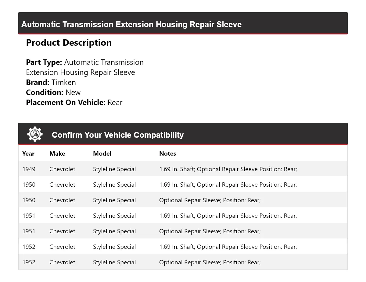 1949-1952 Chevrolet Styleline Special Automatic Transmission Extension Housing Repair Sleeve 551WY05 image 2