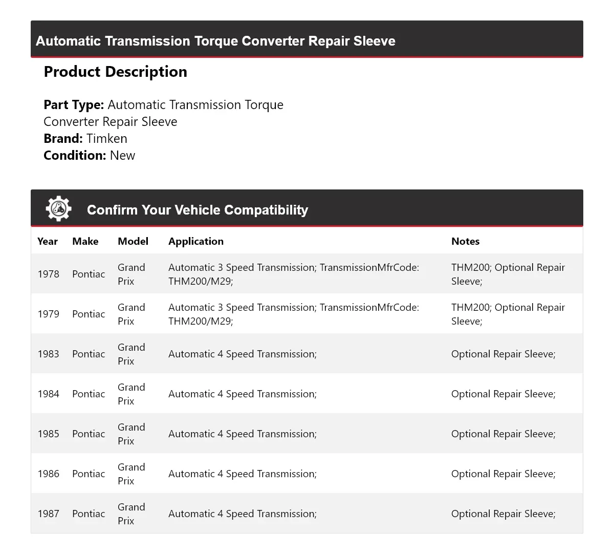 1978-79, 1983-87 Pontiac Grand Prix Automatic Torque Converter Repair Sleeve - Timken 935BX72 image 2