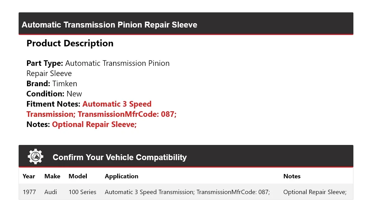 1977 Audi 100 Series Automatic Transmission Pinion Repair Sleeve Timken 802HU32 image 2