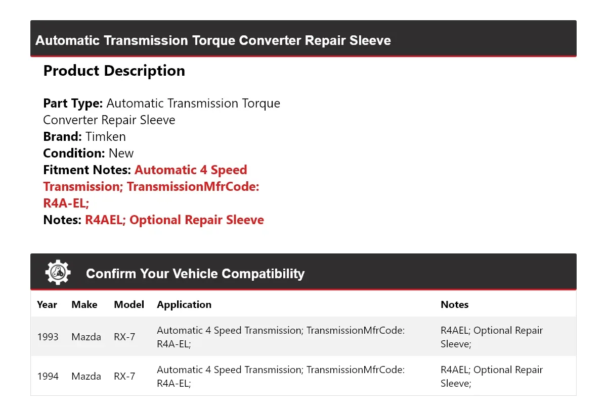 1993-1994 Mazda RX-7 Timken Automatic Torque Converter Repair Sleeve 831AN90 image 2