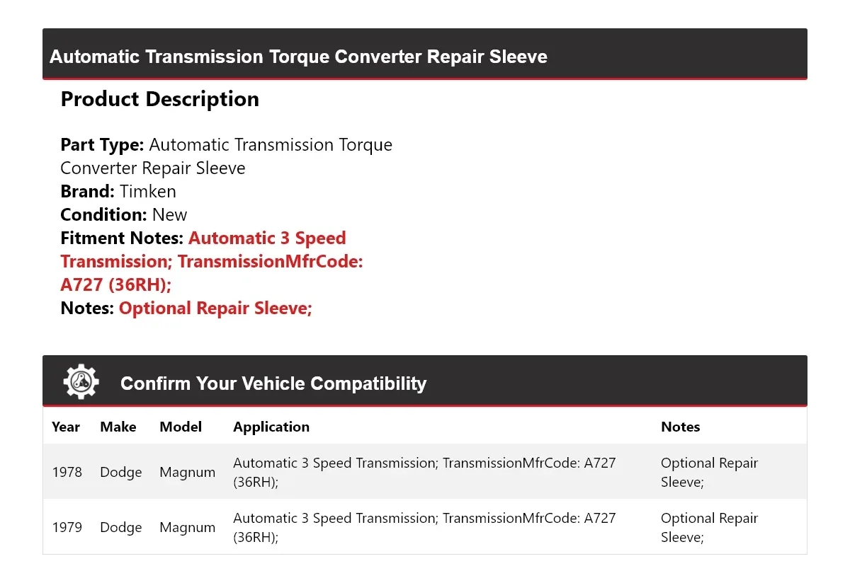 1978-1979 Dodge Magnum Automatic Transmission Torque Converter Repair Sleeve Timken 471XH45 image 2