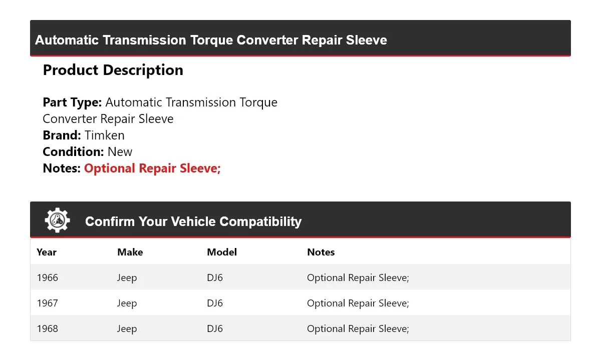 1966-1968 Jeep DJ6 Automatic Transmission Torque Converter Repair Sleeve Timken 792EV83 image 2