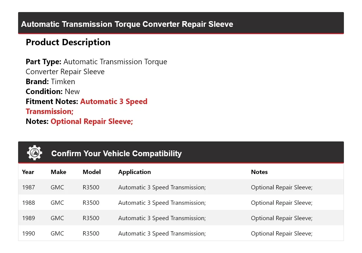 1987-1990 GMC R3500 Automatic Transmission Torque Converter Repair Sleeve Timken 310DB59 image 2