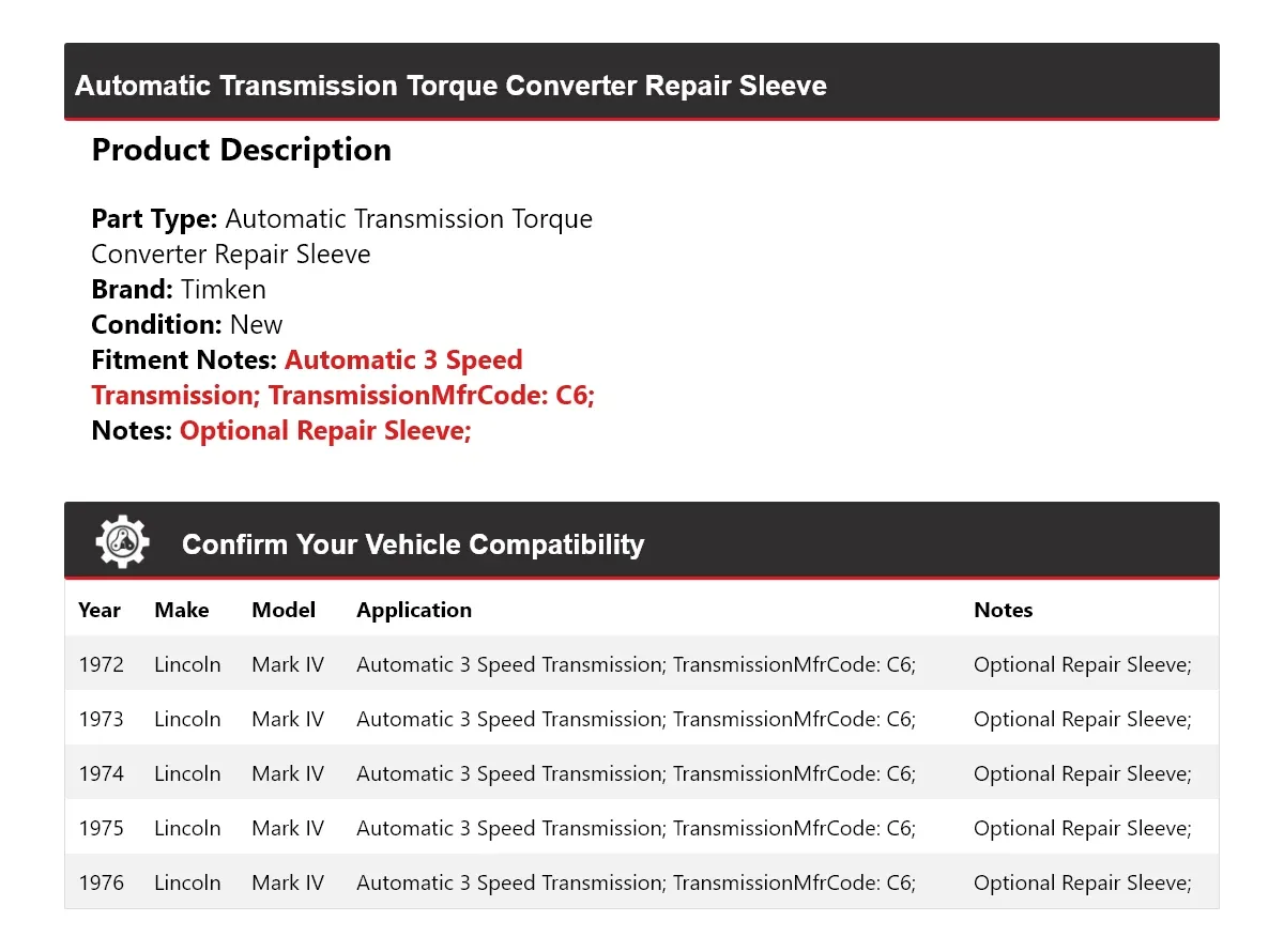 1972-1976 Lincoln Mark IV Automatic Transmission Torque Converter Repair Sleeve Timken 387YM08 image 2