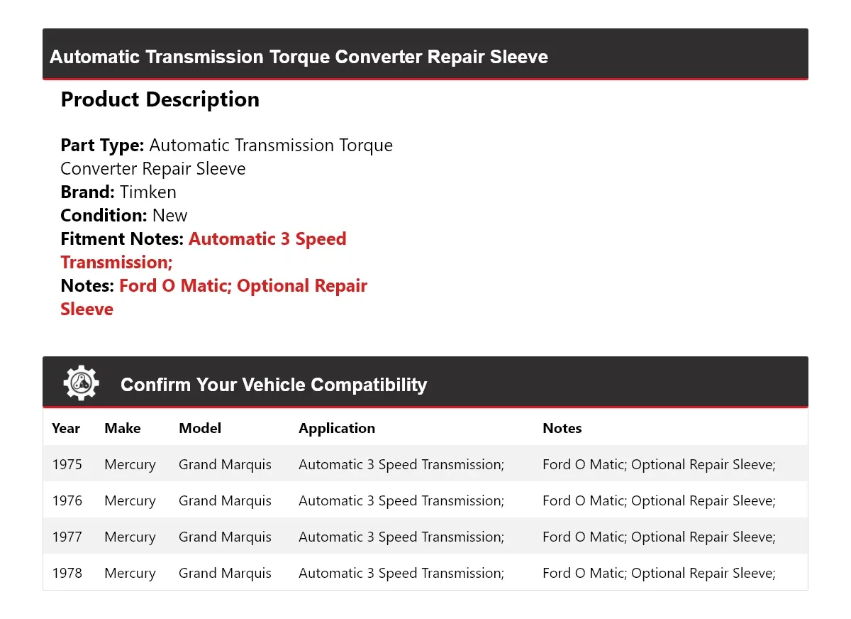 1975-1978 Mercury Grand Marquis Automatic Torque Converter Repair Sleeve 581DI32 image 2