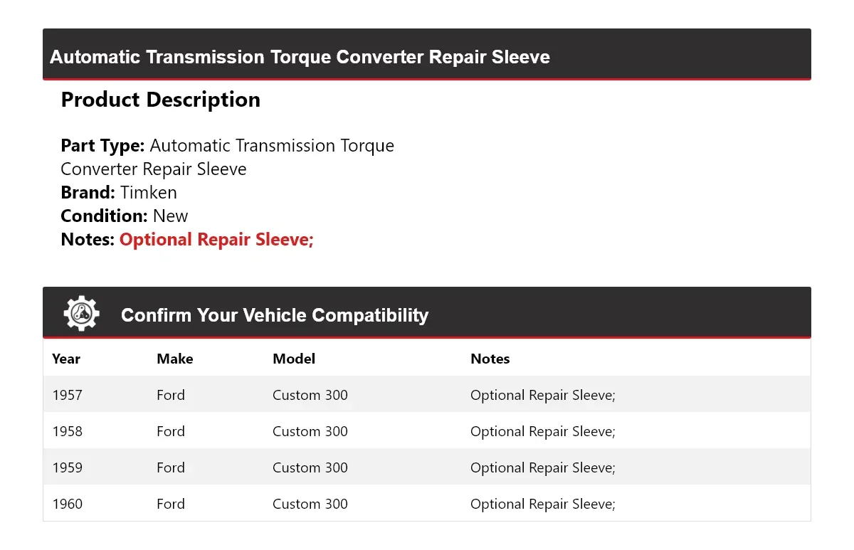 1957-1960 Ford Custom 300 Timken 878LF26 Automatic Torque Converter Repair Sleeve image 2