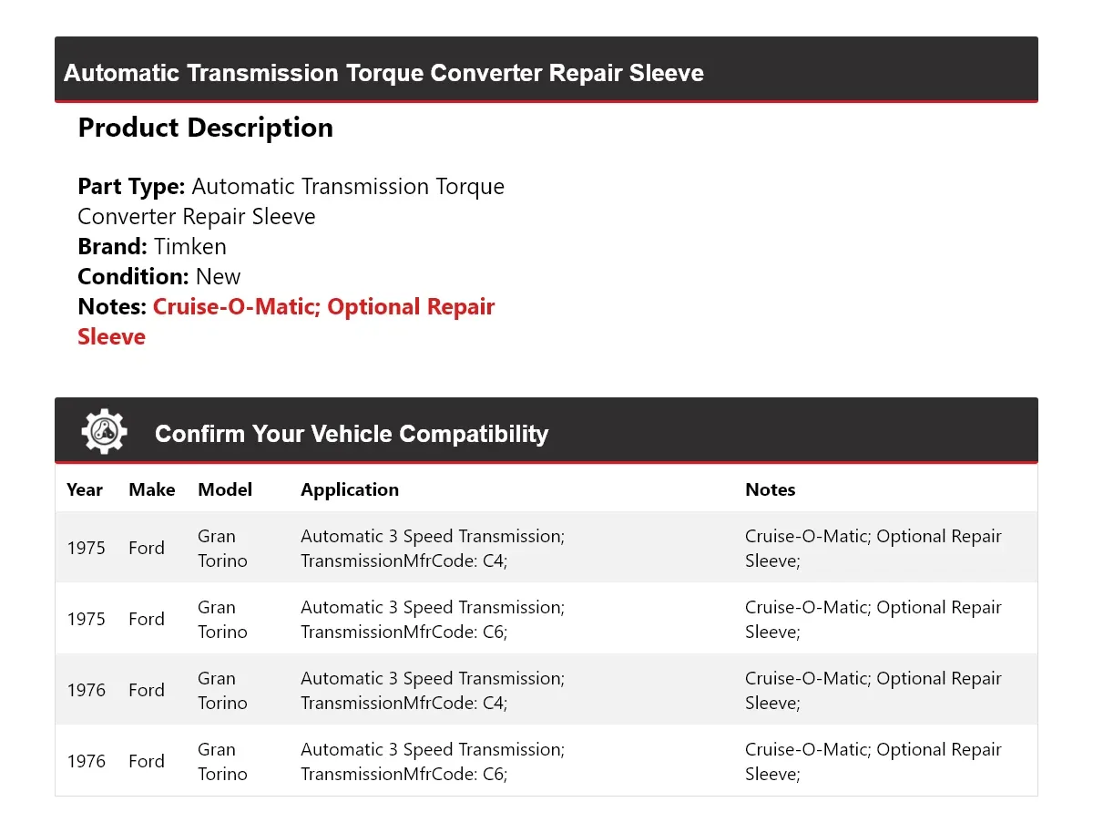 1975-1976 Ford Gran Torino Automatic Torque Converter Repair Sleeve Timken 580FH79 image 2