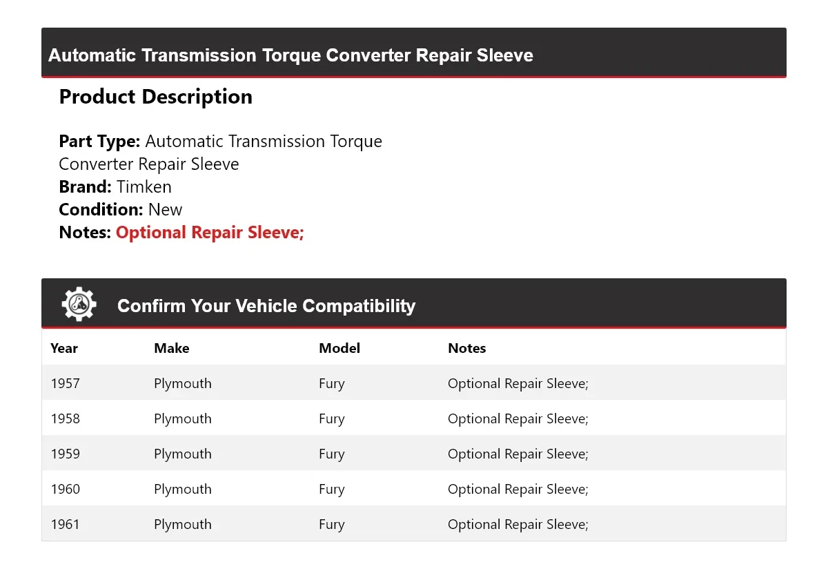 1957-1961 Plymouth Fury Automatic Transmission Torque Converter Repair Sleeve Timken 318LK57 image 2