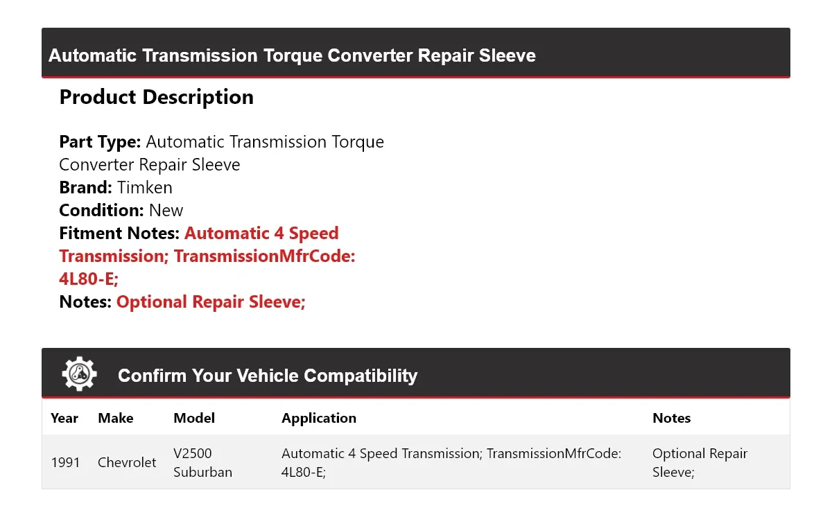 1991 Chevrolet V2500 Suburban 4L80-E Torque Converter Repair Sleeve Timken 639YJ64 image 2