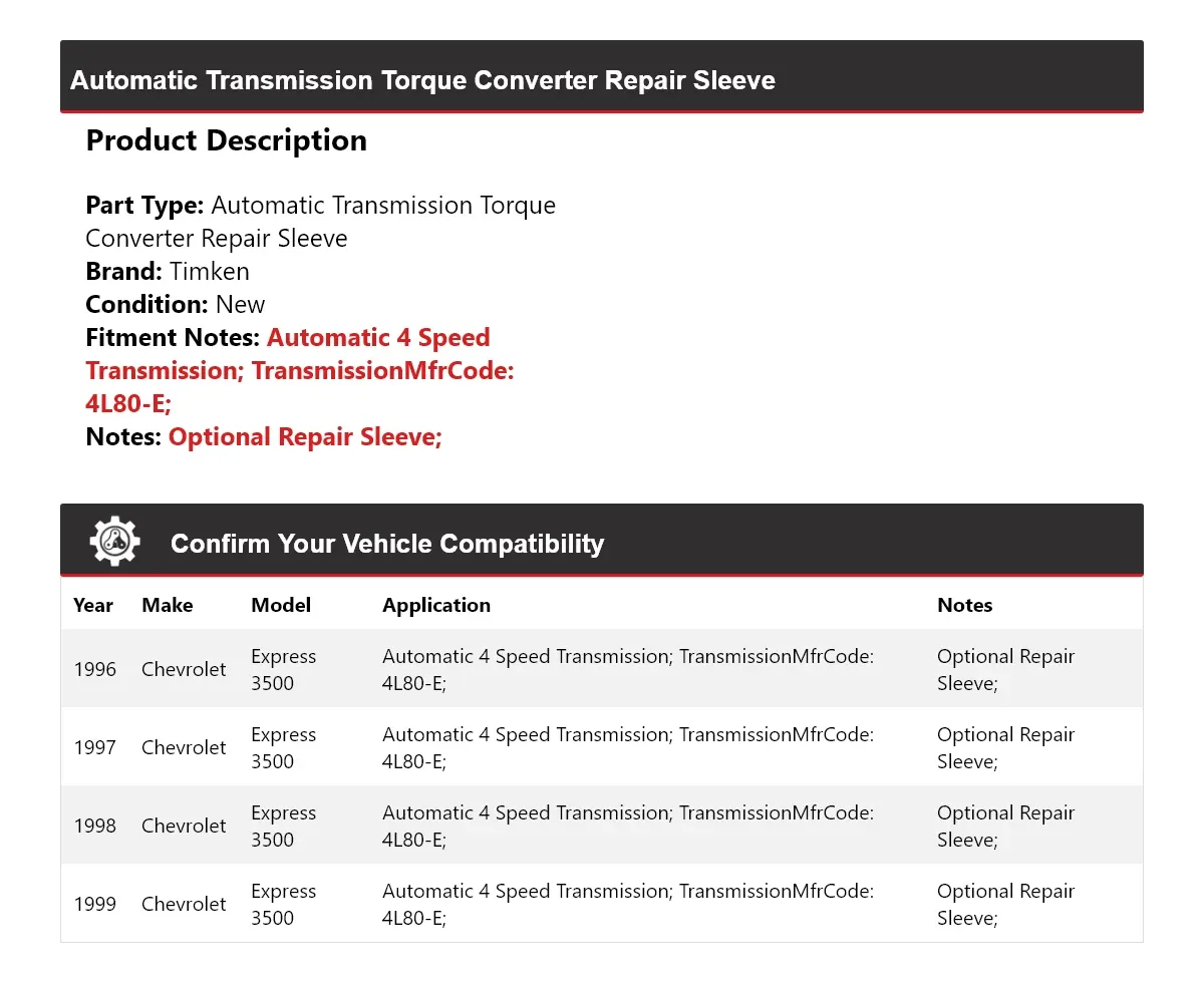 1996-1999 Chevrolet Express 3500 Automatic Torque Converter Repair Sleeve - Timken 693WM76 image 2