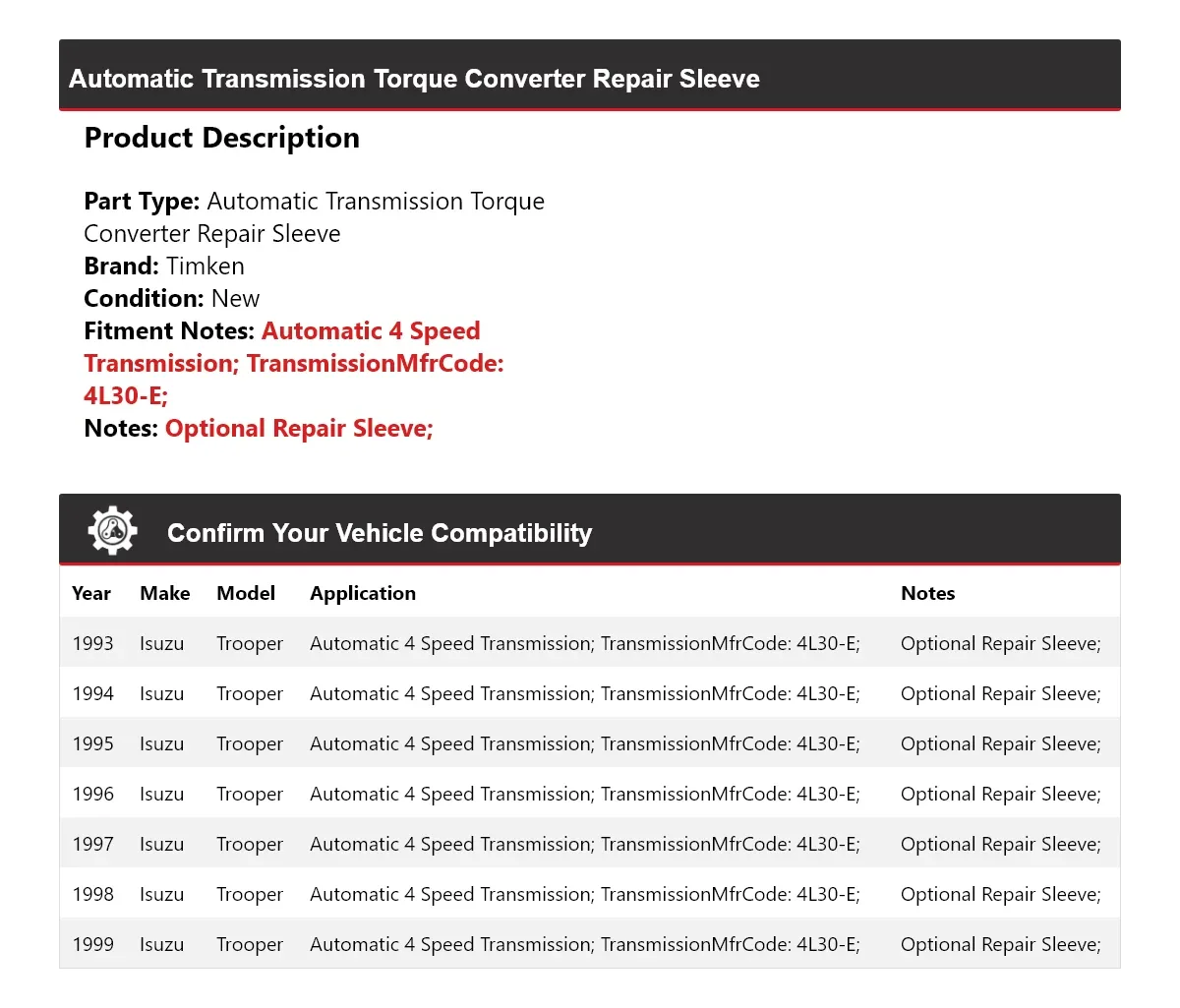 1993-1999 Isuzu Trooper Automatic Torque Converter Repair Sleeve Timken 704XW40 image 2