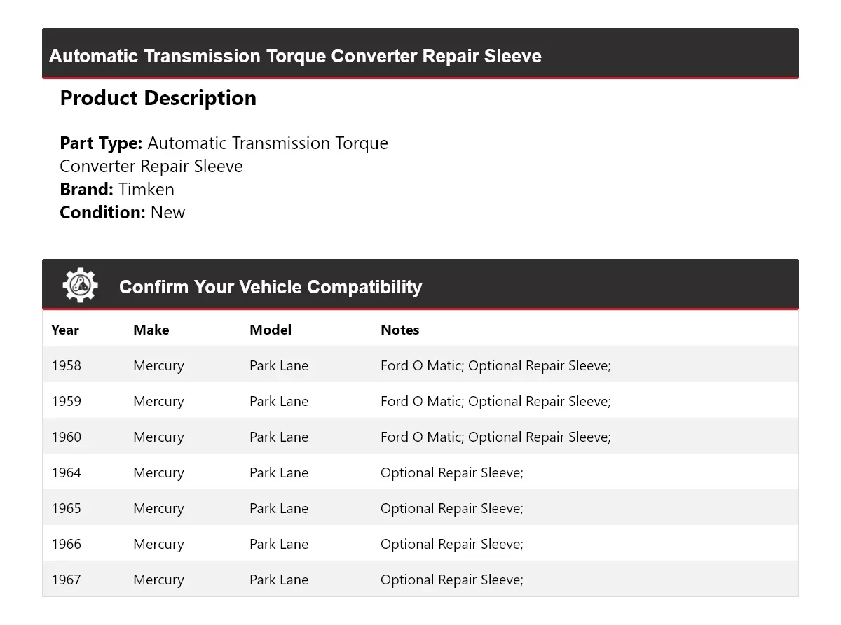 1958-60, 1964-67 Mercury Park Lane Automatic Torque Converter Repair Sleeve 377ID64 image 2