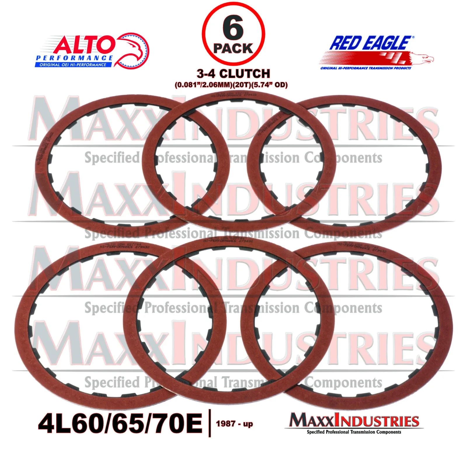 4L60E Transmission Friction Plate _ 3-4 Clutch Alto Red Eagle 6-pk 0.081" 057744 image 2