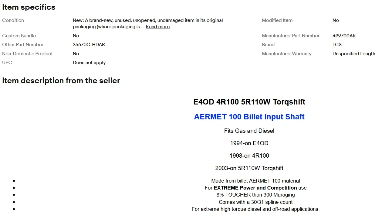 E4OD / 4R100 / 5R110 Billet Input Shaft (AERMET 100) — TCS 499700AR image 3