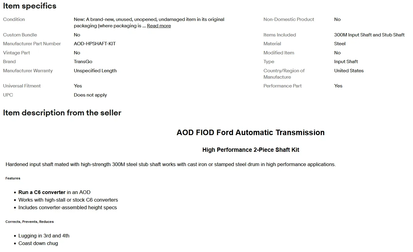 1980-Up Ford AOD High-Performance 2-Piece Input Shaft Conversion Kit AOD-HPSHAFT-KIT image 3