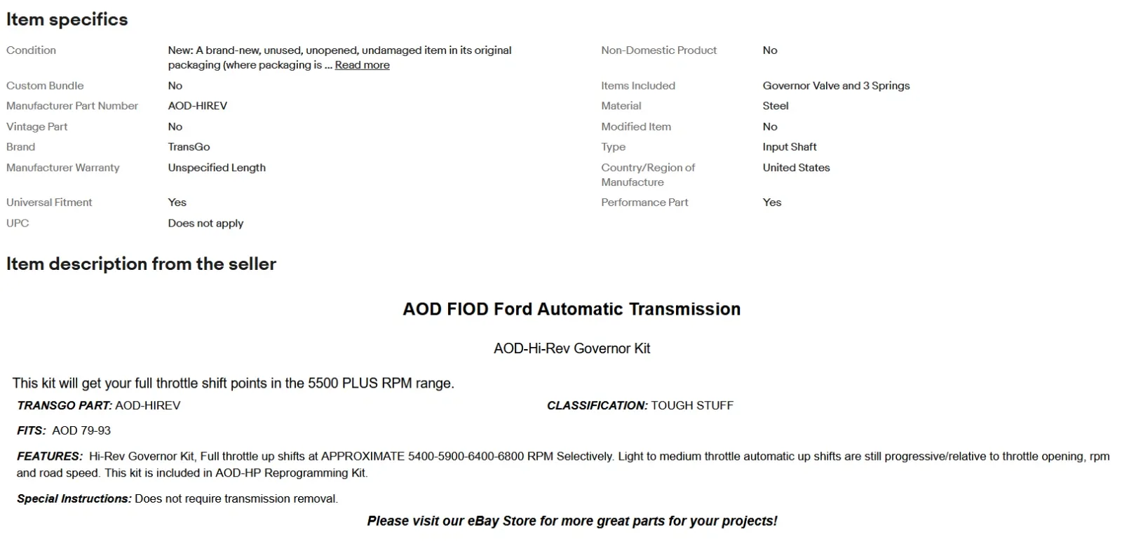 1980-up Ford AOD/FiOD High-Rev Governor Kit — TransGo AOD-HIREV image 3