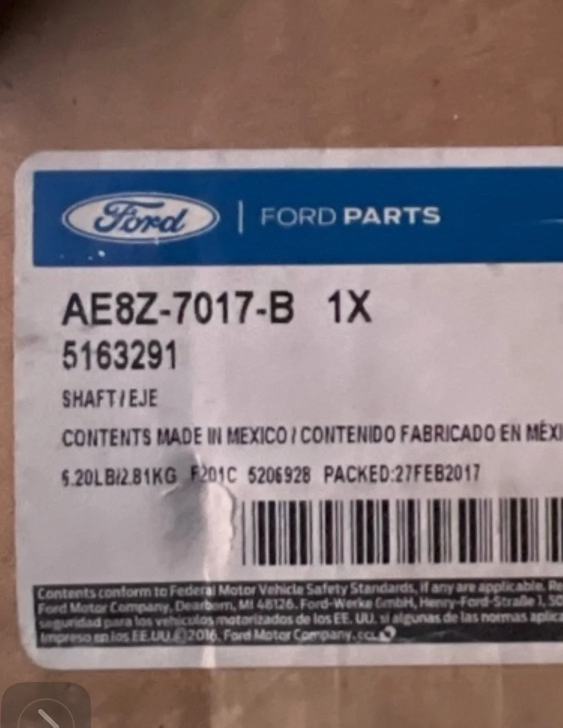 2011-2019 Ford Fiesta / Focus DPS6 Transmission Input Shaft AE8Z-7017-B