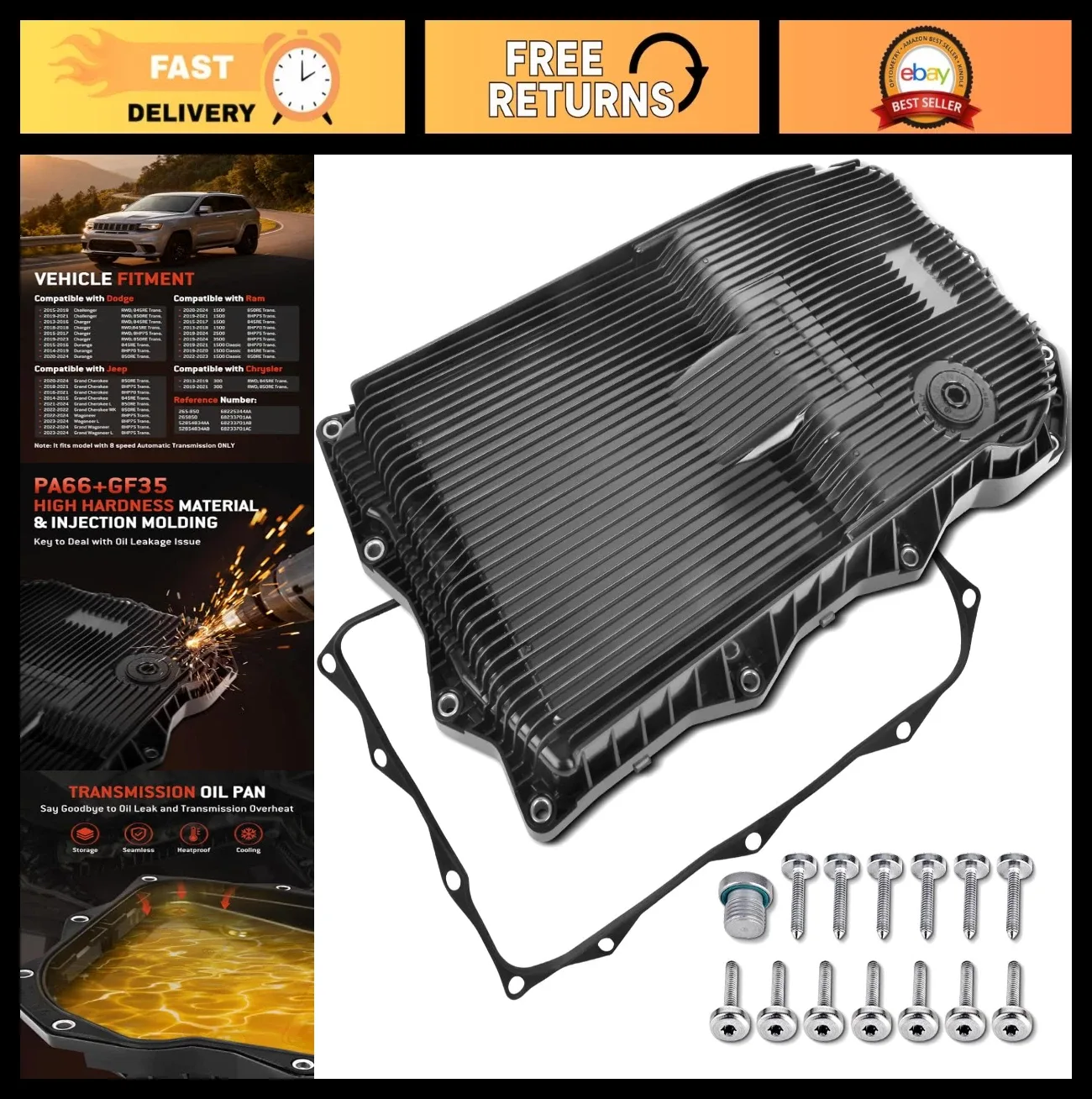 Transmission Oil Pan with Bolts for Ram 1500 2500 3500, Jeep & Chrysler 8-Speed
