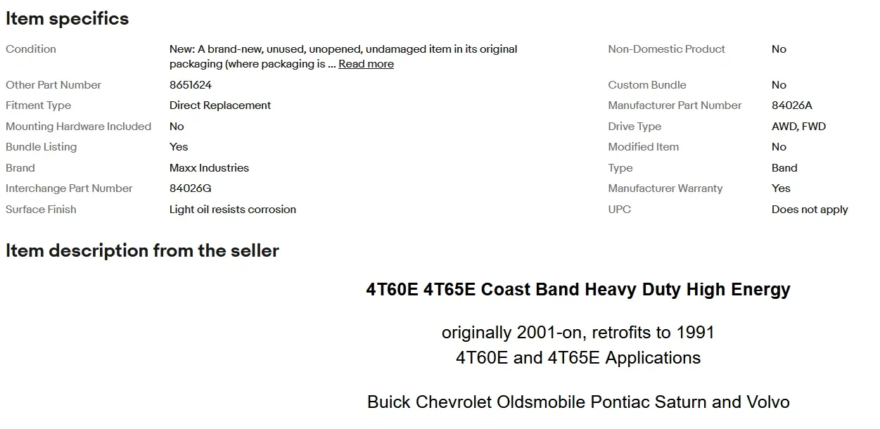 1991-2011 GM / Volvo 4T60E 4T65E Coast Transmission Band MPN 84026A image 3