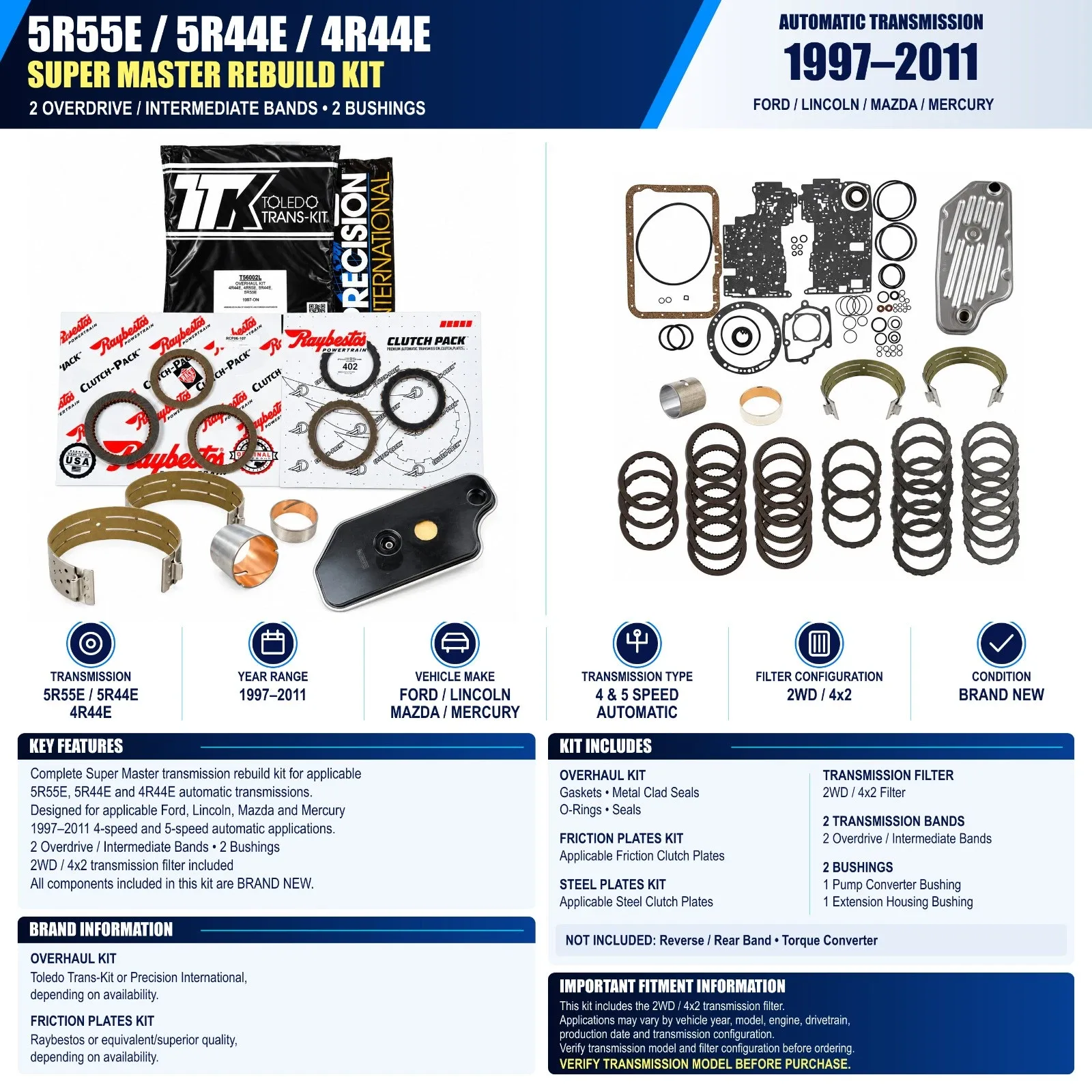 1997-2011 Ford/Mazda/Mercury 5R55E/5R44E/4R44E Super Master Rebuild Kit HDK56004HFBB image 2