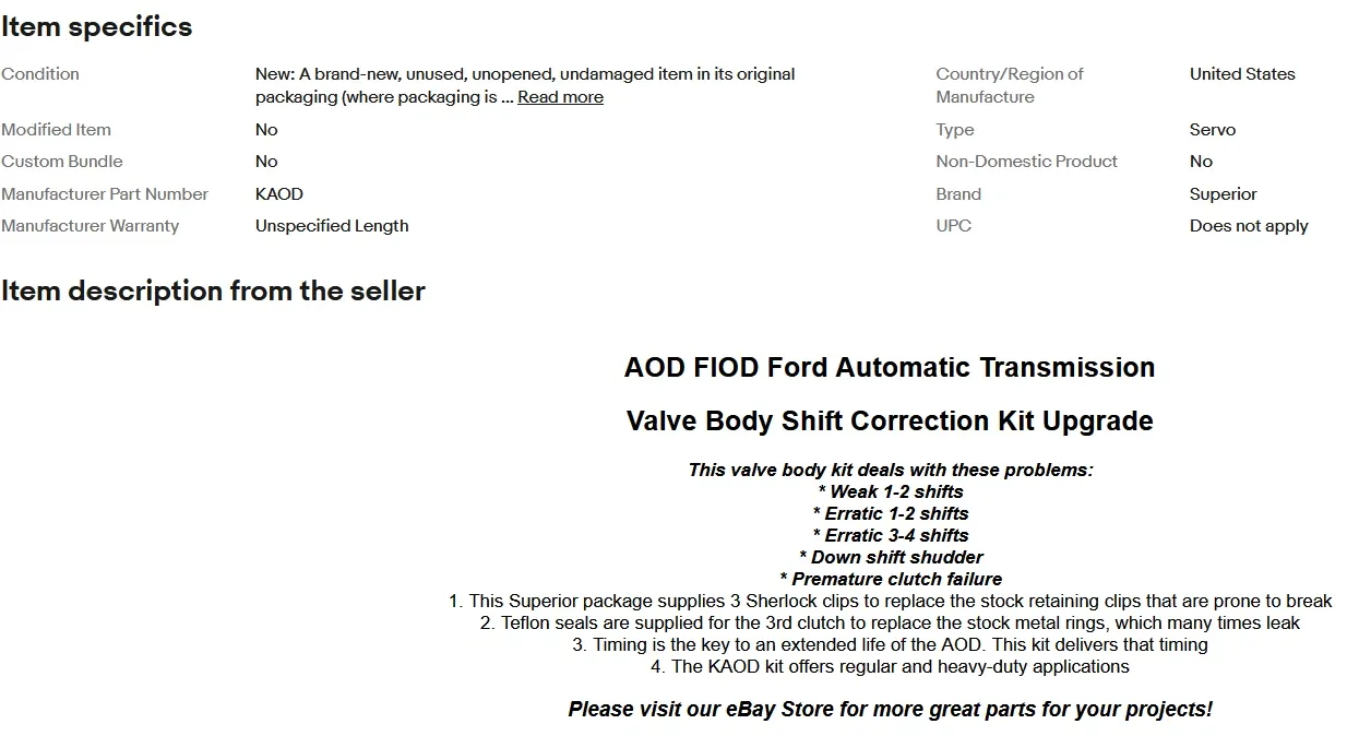 1980-Up Ford AOD Valve Body Shift Correction Kit KAOD image 3