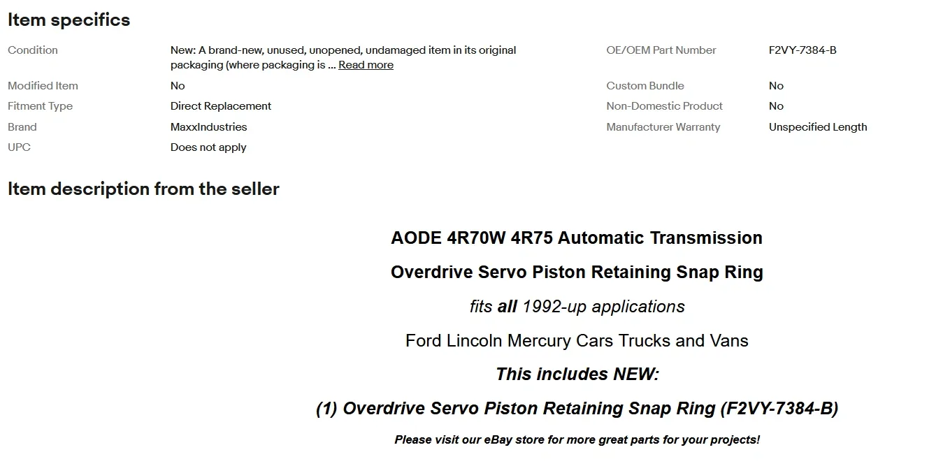1992-UP AODE 4R70W 4R75 Ford Transmission Overdrive Servo Piston Snap Ring image 3