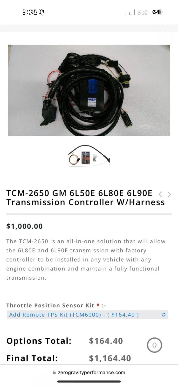 Zero Gravity GM 6L50E/6L80E/6L90E Transmission Controller with Harness and Remote TPS Kit