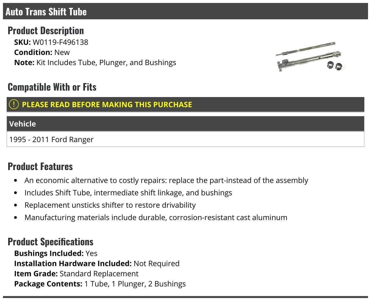 Automatic Transmission Shift Tube for 1995-2011 Ford Ranger - High-Quality Repla image 2