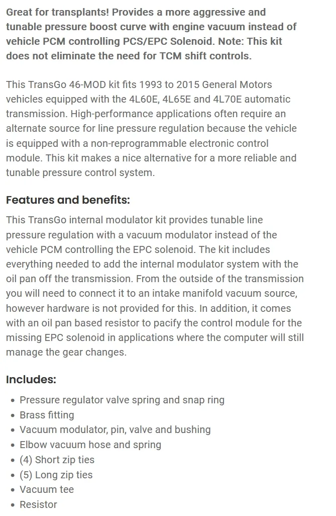 TransGo 4L60E 46-MOD Vacuum Modulator Kit Replaces EPC Solenoid For Heavy Duty image 2
