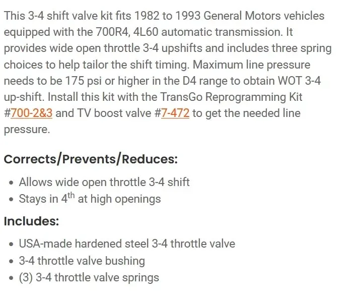 Transgo 3-4 Shift Valve Kit for GM 700R4 / 4L60-T MPN 7-4-V image 4