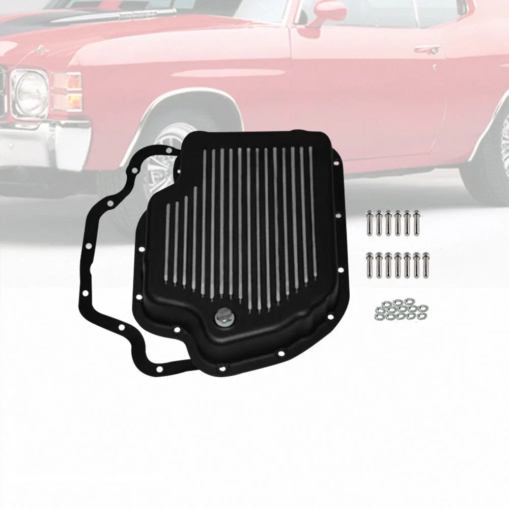 Retro Aluminum Black Finned 2 1/4" Transmission Oil Pan Kit Fits GM Turbo 400 image 2