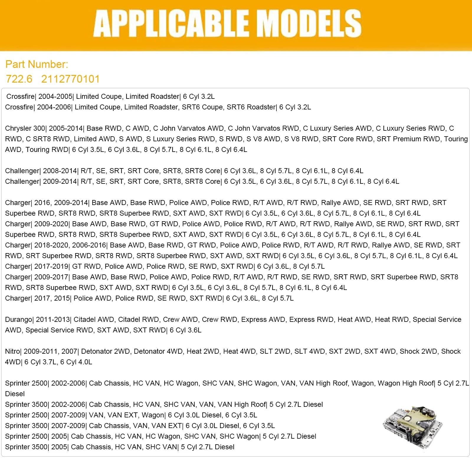 2011-2013 Dodge Durango 722.6 Transmission Valve Body image 2