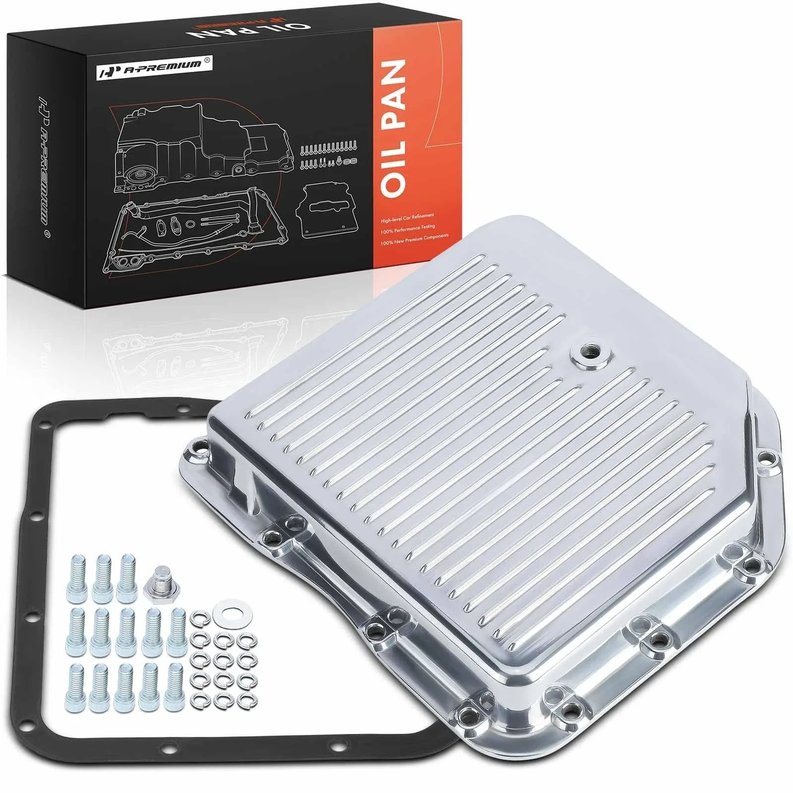 Polished Finned Aluminum Transmission Oil Pan Kit w/ Plug, Gasket & Bolts - GM T image 2