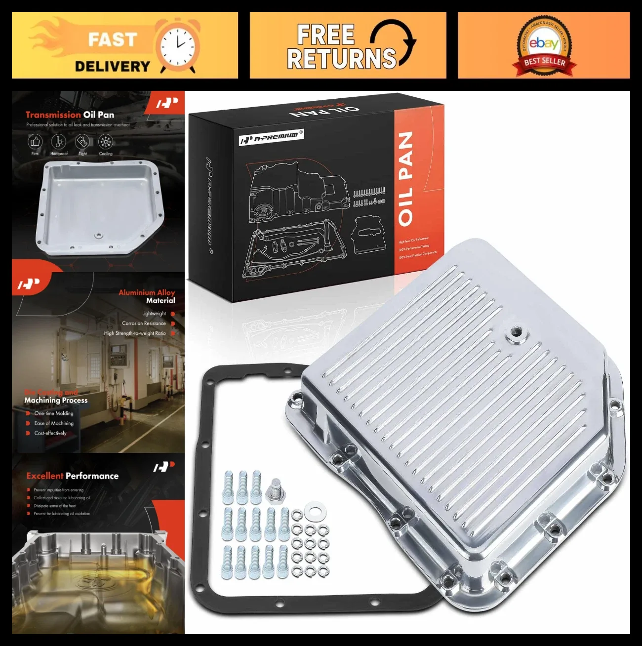 Polished Finned Aluminum Transmission Oil Pan Kit w/ Plug, Gasket & Bolts - GM T