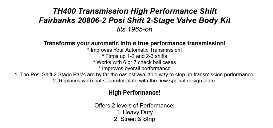 1965-up Fairbanks TH400 (Turbo 400) Posi-Shift Performance Shift Valve Body Kit MPN 20806-2 image 3