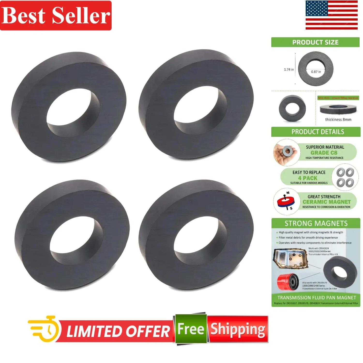Transmission Oil Pan Magnet Kit Compatible with Allison 29535617 4 Pack