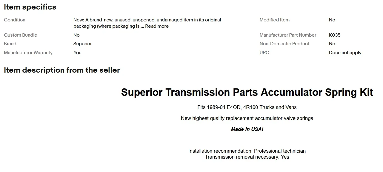 Superior K035 Outer Accumulator Spring for E4OD / 4R100 (1989-2004) image 3