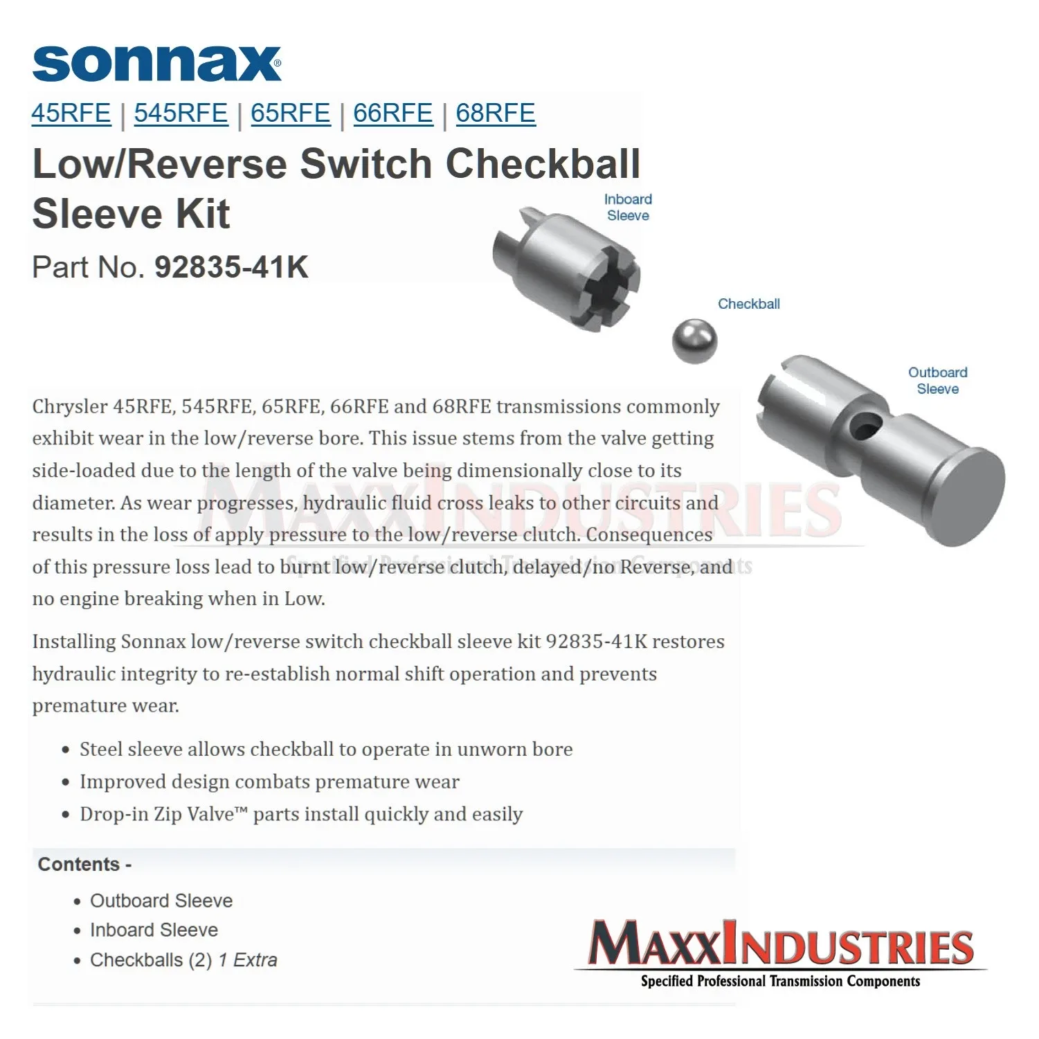 2007-2012 68RFE Valve Low-Reverse Switch Checkball Sleeve Kit by Sonnax 92835-41K image 3