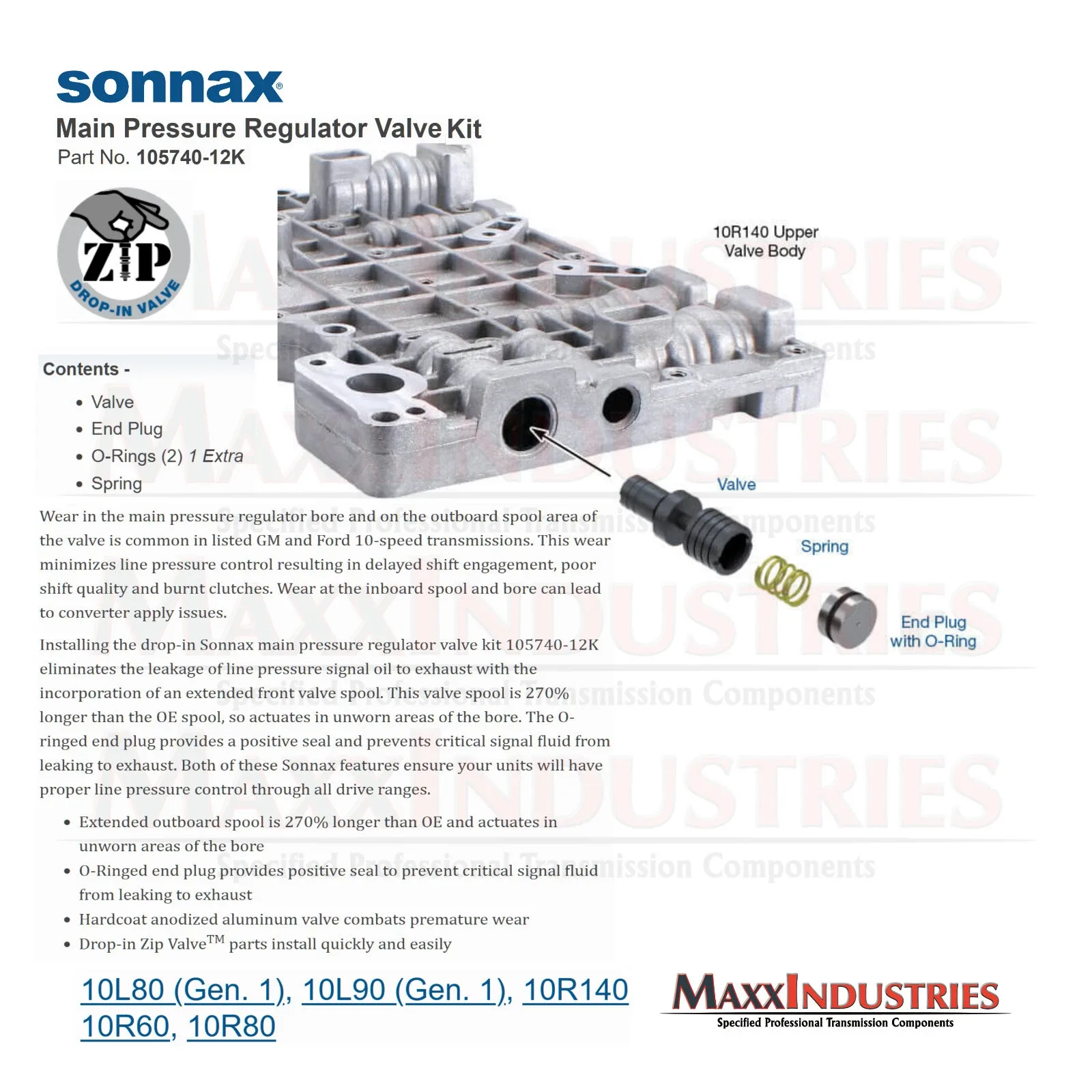 Sonnax Main Pressure Regulator Valve Kit 105740-12K for 10L80 / 10L90 / 10R80 image 3