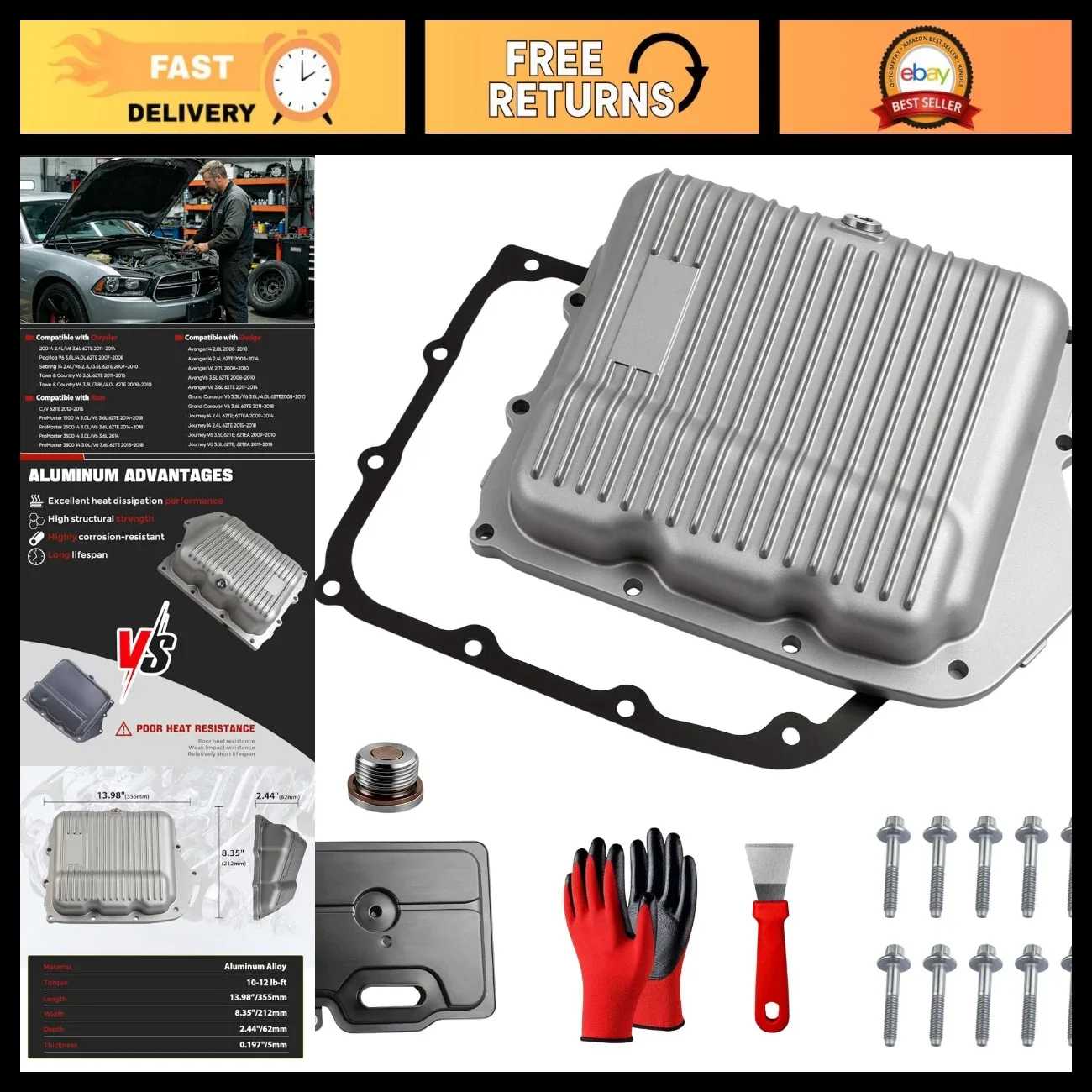 Aluminum Transmission Oil Pan Compatible with Chrysler Pacifica, Sebring, Dodge