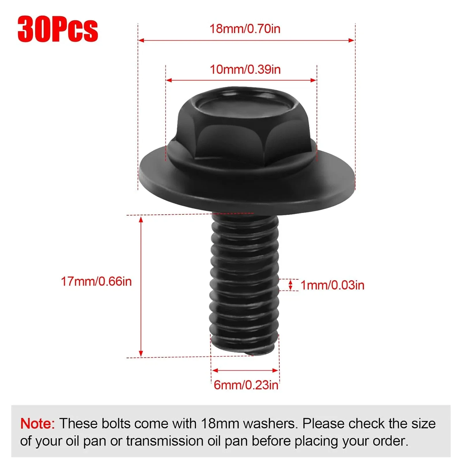 30Pcs Transmission Pan Bolts M6 x 1.0mm 17mm Size with 18mm Washer Oil Pan image 3
