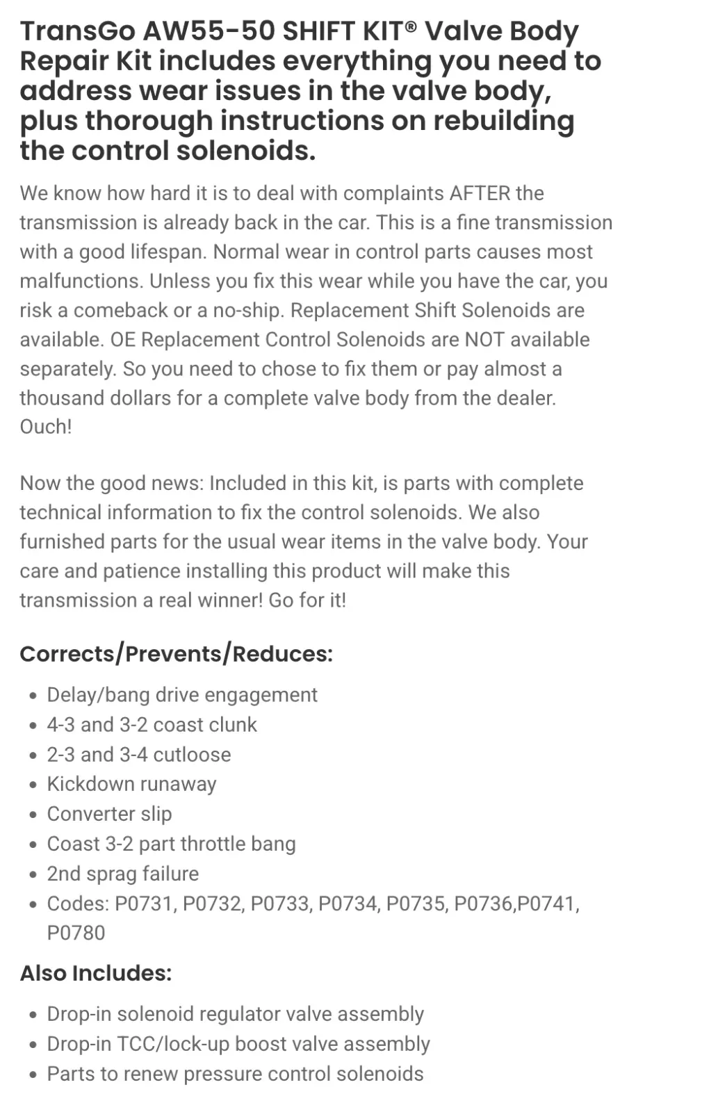 TransGo SK55-50 Shift Kit for AW55-50 (RE5F22A / AF33-5) image 2