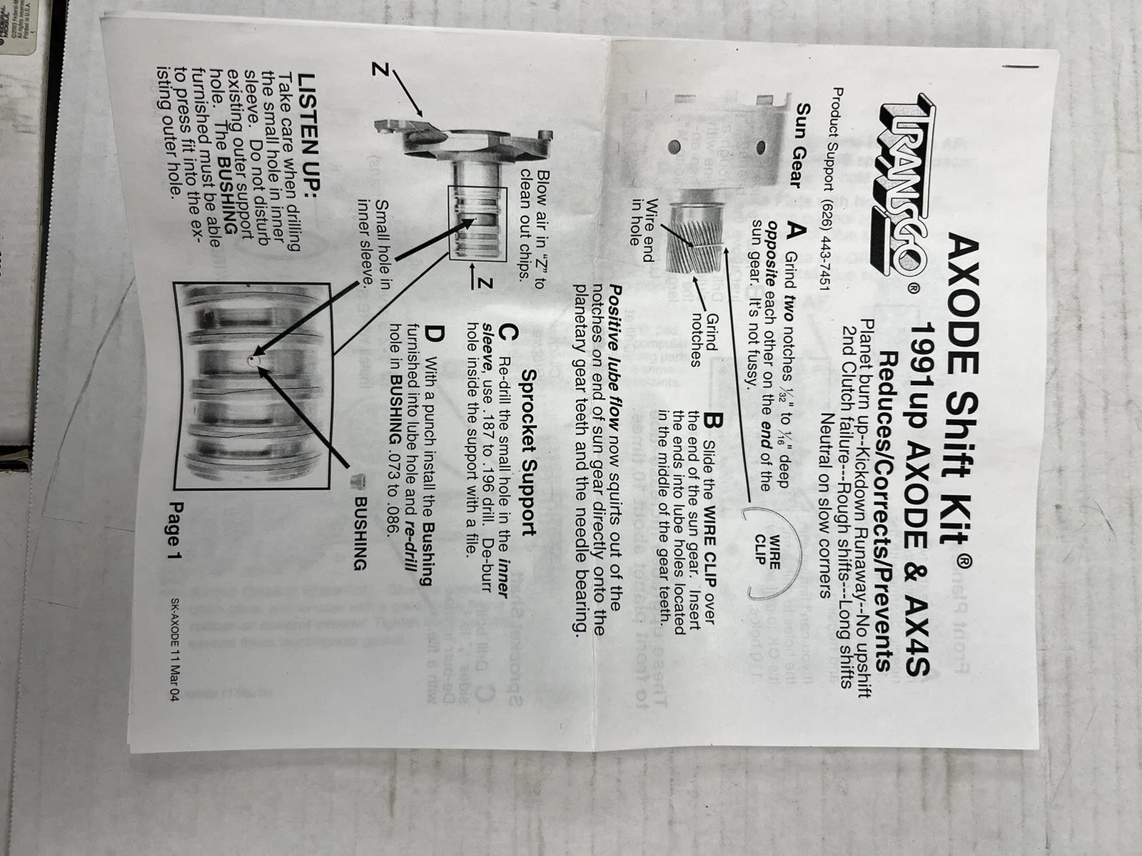 .TRANSGO SK AXODE AX4S TRANSMISSION SHIFT KIT 1991 & UP 86165E