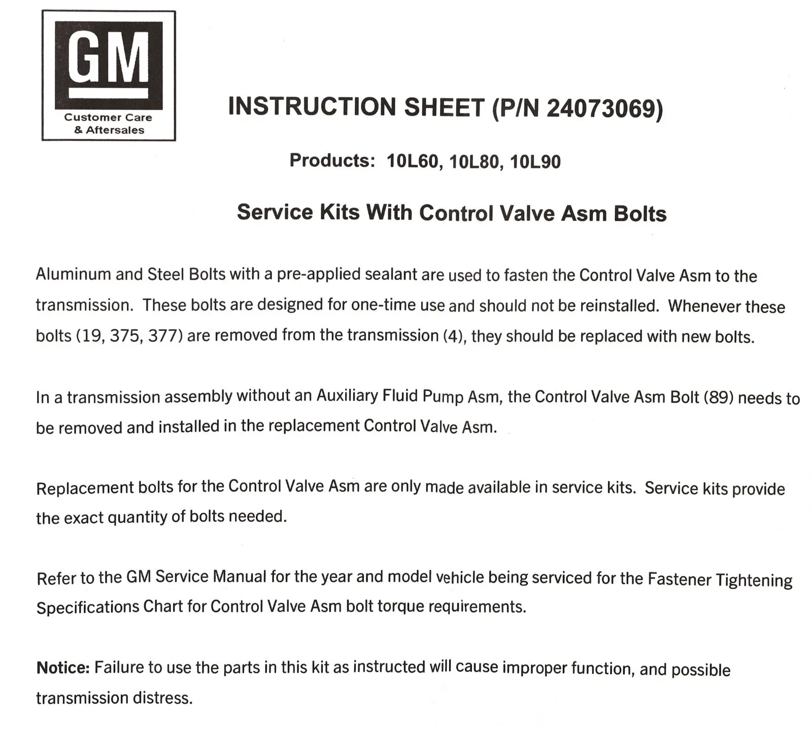 Genuine GM 24073070 10L60 10L80 10L90 Valve Body Bolt Kit LT1 LT4 L87 LM2 LZ0 image 4