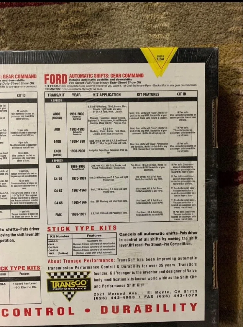 transgo shift kit ford Aod, Aode, 4r 70w, E400, C6, C4 image 2