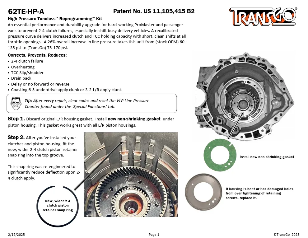 Transmission Valve Body Performance Reprogramming Kit 62TE - TransGo 62TE-HP-A image 2